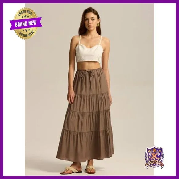 Maxi Skirt with Lining Elastic Waist Drawstring Tiered A-Line Flowy - Picture 5 of 8